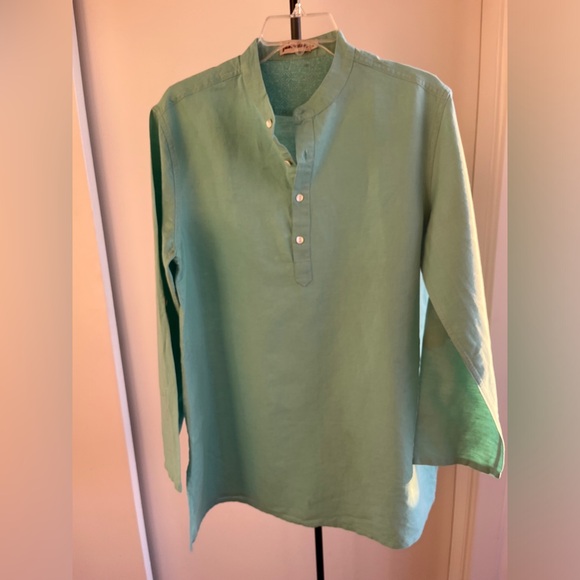 FabIndia Men’s Teal Blue Woven Linen Blend Nehru Kurta roll tab sleeves Sz 38 M - Picture 4 of 12